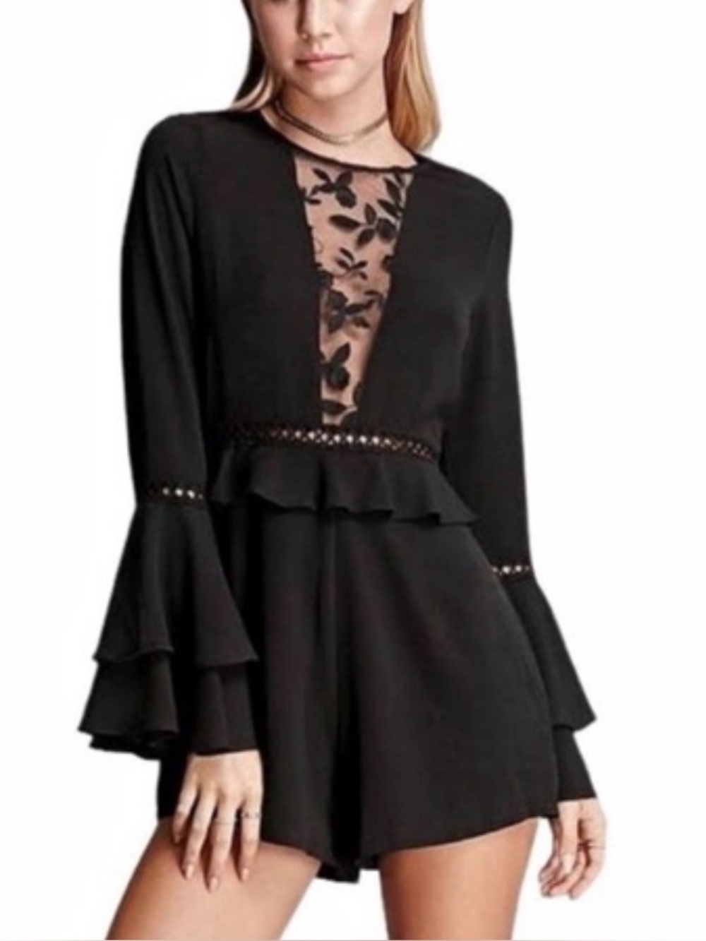 For Love & Lemons Black Long-Sleeve Lace Appliqué Romper with Nude Inset